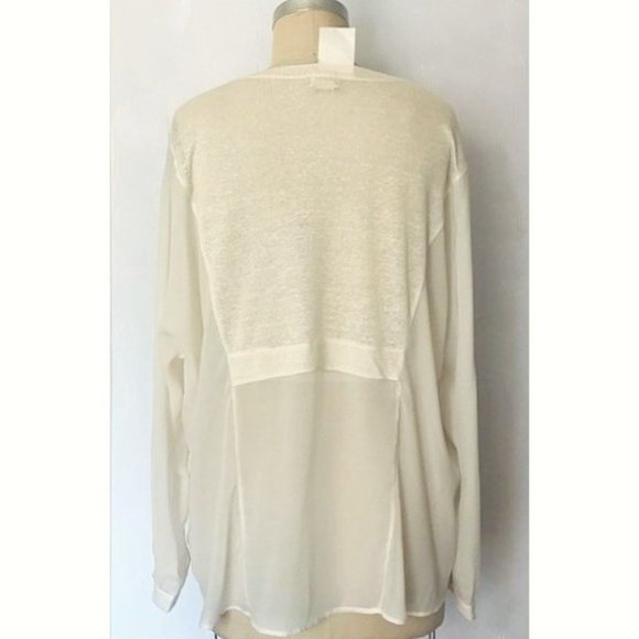 H&M CREAM FINE KNIT MIXED MEDIA CHIFFON SLEEVE LINEN BLEND SWEATER 12 NWT - Picture 3 of 9